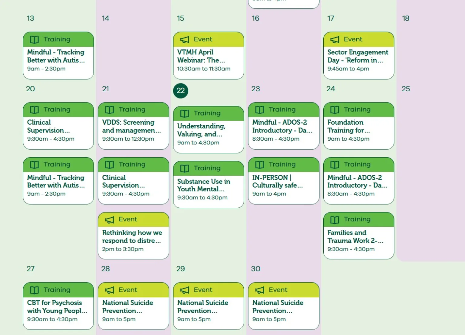 Training events calendar